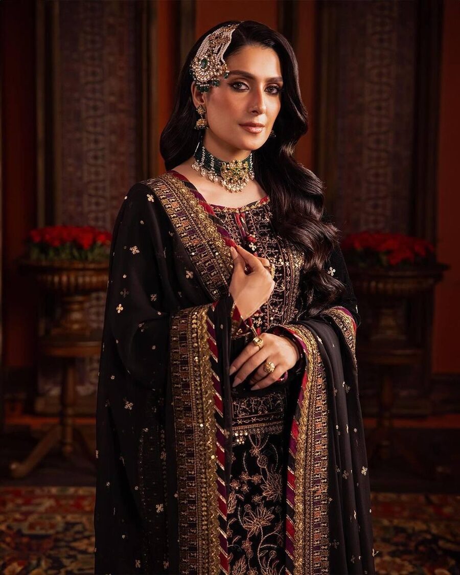 VELVET SEQUENCE EMBROIDERY WORK TOP BOTTOM WITH DUPATTA BLACK SUIT