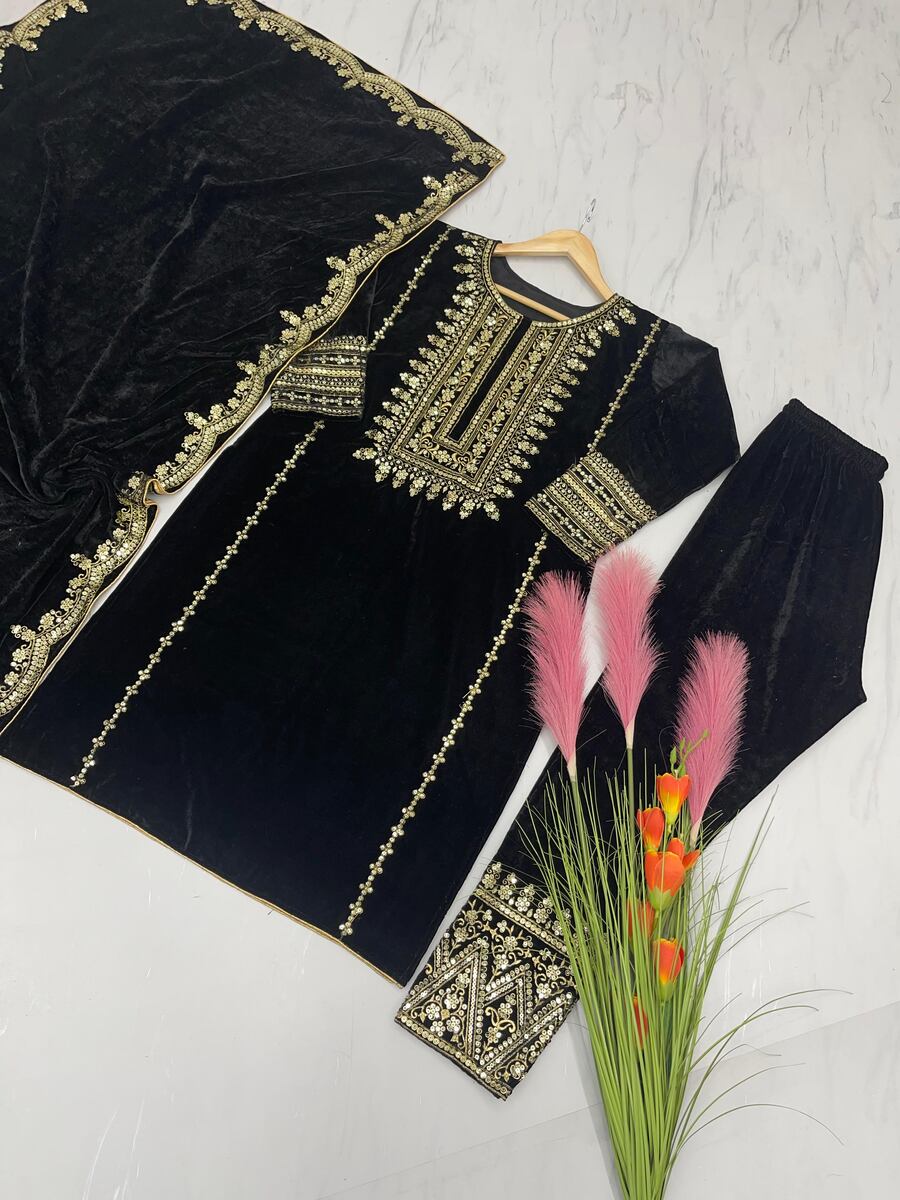 DESIGNER VELVET SEQUENCE EMBROIDERY WORK TOP BOTTOM WITH DUPATTA BLACK