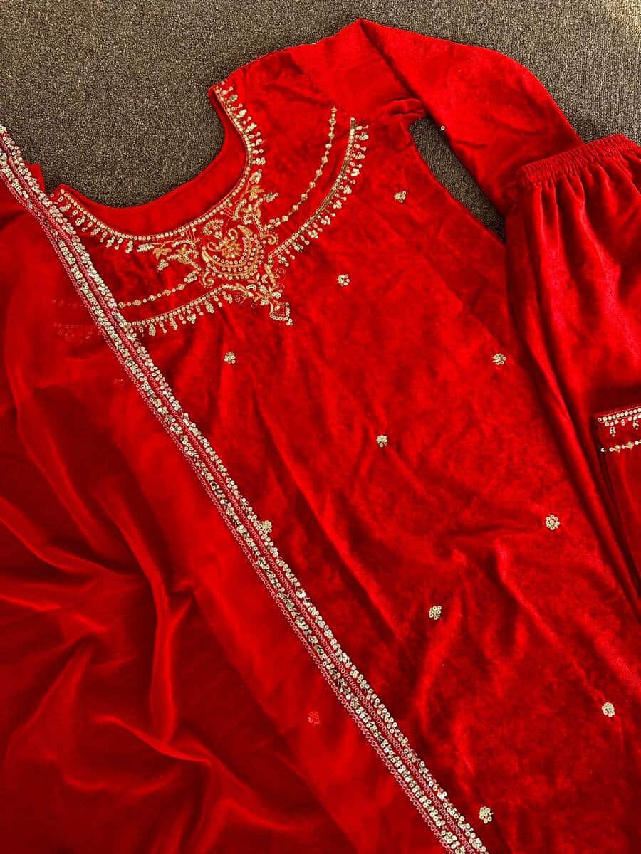 DESIGNER VELVET SEQUENCE WORK TOP BOTTOM WITH DUPATTA RED