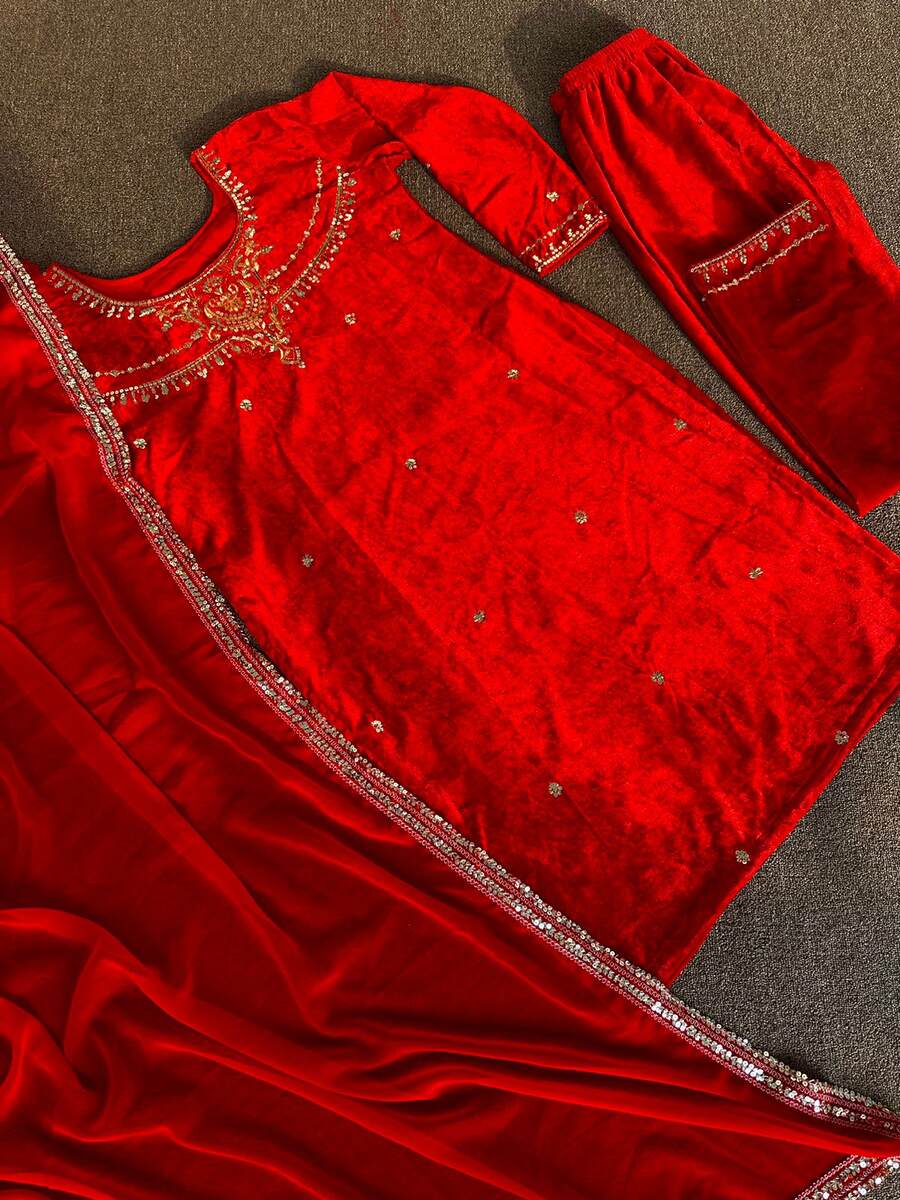 DESIGNER VELVET SEQUENCE WORK TOP BOTTOM WITH DUPATTA RED