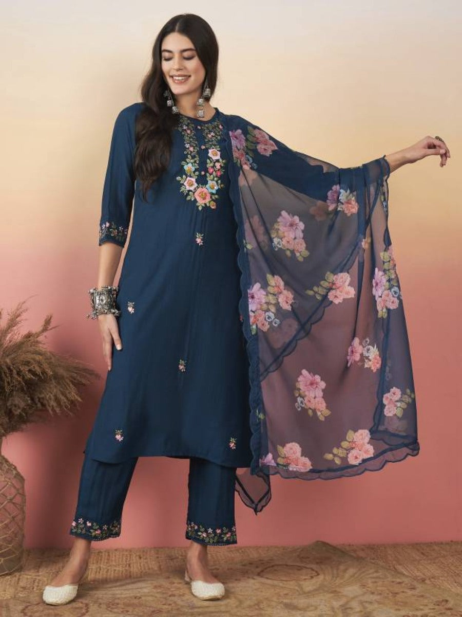 DESIGNER VISCOSE CHANDERI SEQUENCE EMBROIDERY WORK TOP BOTTOM WITH DUPATTA NAVY BLUE