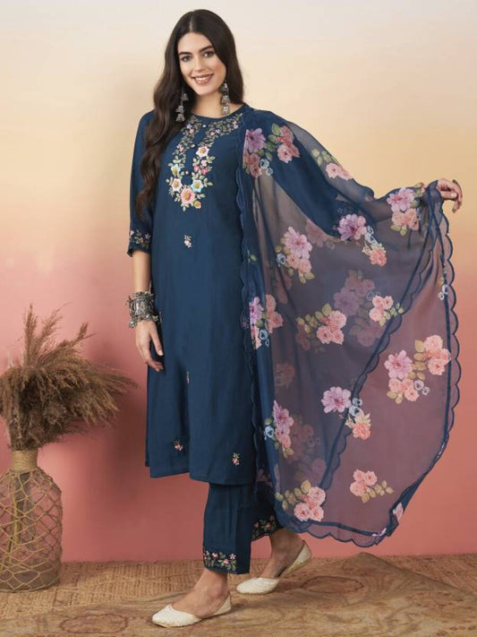 DESIGNER VISCOSE CHANDERI SEQUENCE EMBROIDERY WORK TOP BOTTOM WITH DUPATTA NAVY BLUE