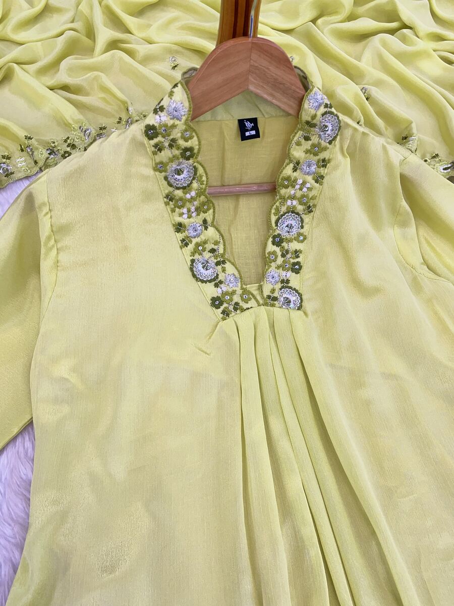 DESIGNER VISCOSE CHINON SILK SEQUENCE EMBROIDERY WORK TOP BOTTOM WITH DUPATTA LEMON