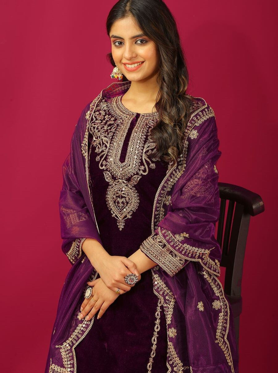 DESIGNER VISCOSE VELVET CODING EMBROIDERY SEQUENCE WORK TOP BOTTOM WITH DUPATTA PURPLE