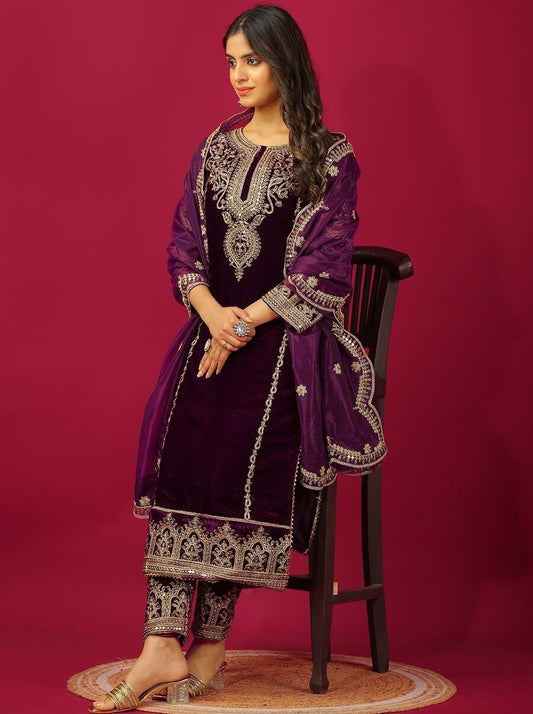 DESIGNER VISCOSE VELVET CODING EMBROIDERY SEQUENCE WORK TOP BOTTOM WITH DUPATTA PURPLE