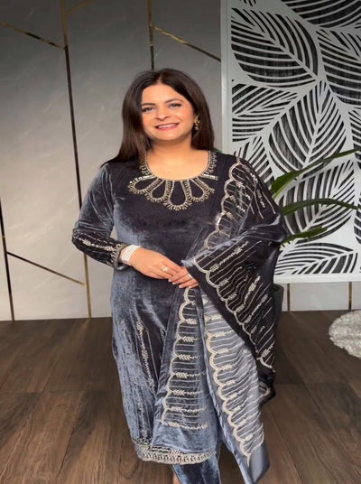 DESIGNER VISCOSE VELVET EMBROIDERY SEQUENCE WORK TOP BOTTOM WITH DUPATTA GREY