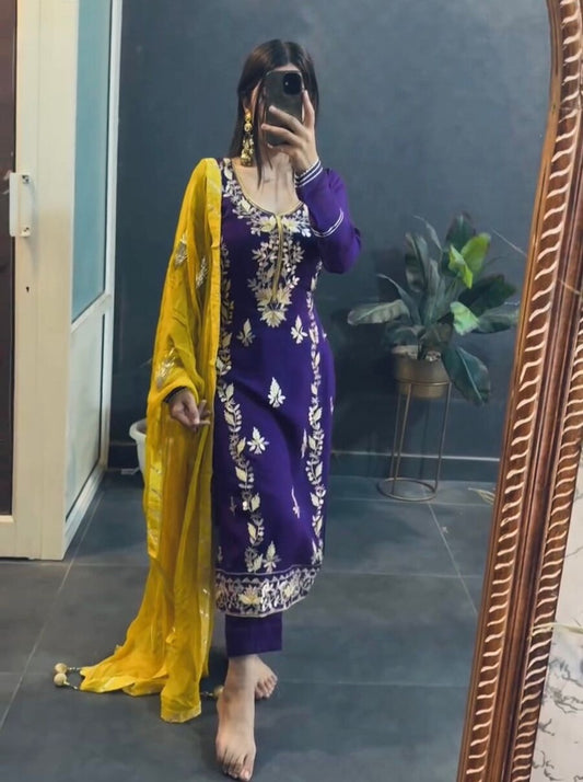 FANCY CHINON EMBROIDERY SEQUENCE WORK TOP BOTTOM WITH DUPATTA PURPLE