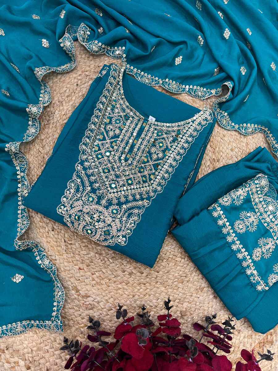 FANCY CHINON SILK EMBROIDERY SEQUENCE CODING WORK TOP BOTTOM WITH DUPATTA SKY