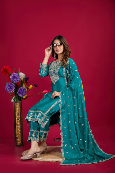 FANCY CHINON SILK EMBROIDERY SEQUENCE CODING WORK TOP BOTTOM WITH DUPATTA SKY