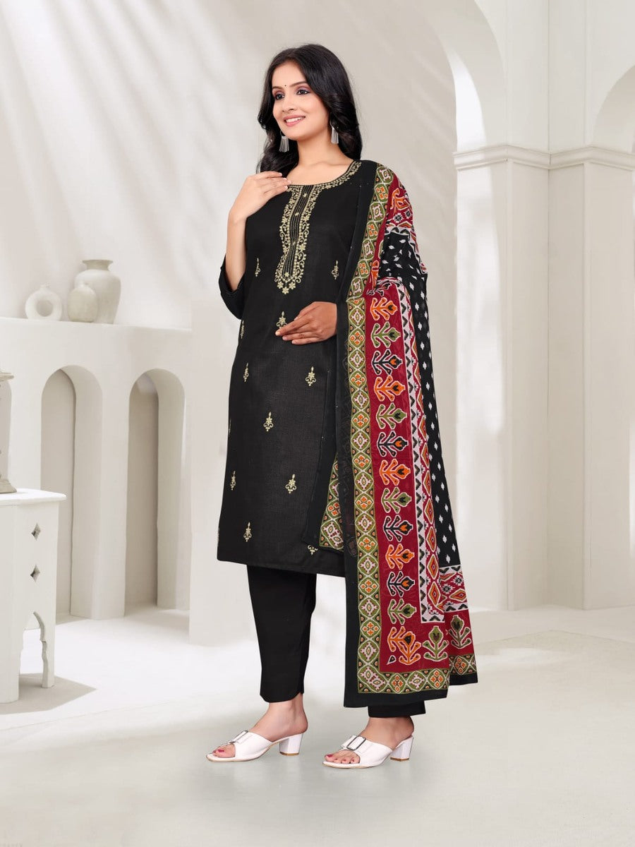 FANCY COTTON BLEND EMBROIDERY WORK TOP BOTTOM WITH DUPATTA BLACK