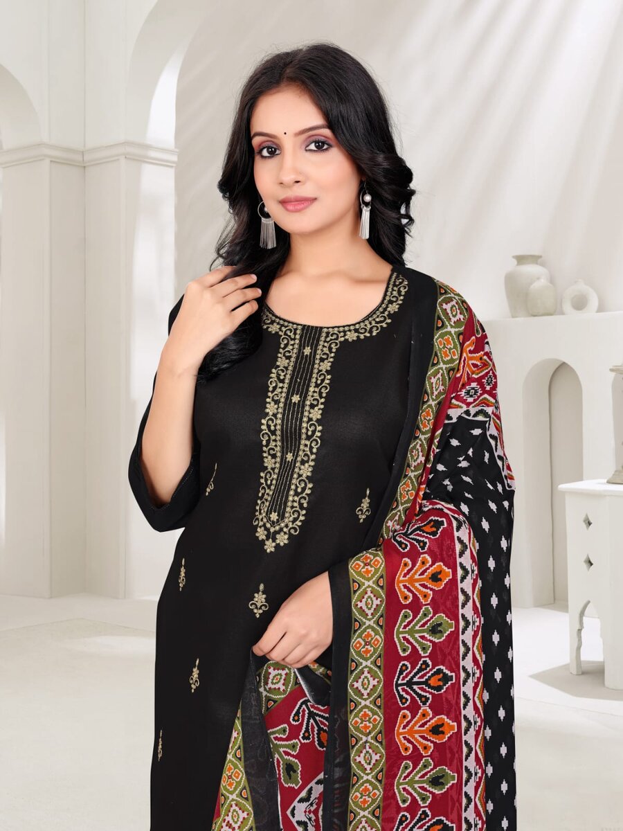 FANCY COTTON BLEND EMBROIDERY WORK TOP BOTTOM WITH DUPATTA BLACK