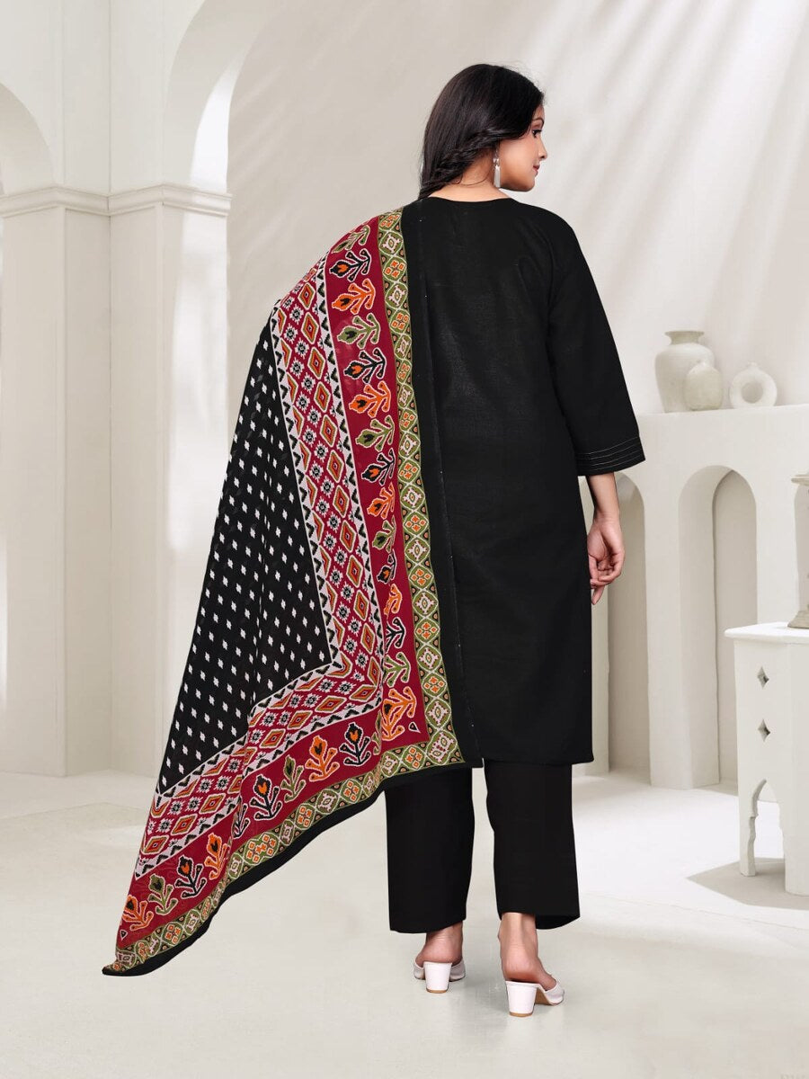 FANCY COTTON BLEND EMBROIDERY WORK TOP BOTTOM WITH DUPATTA BLACK