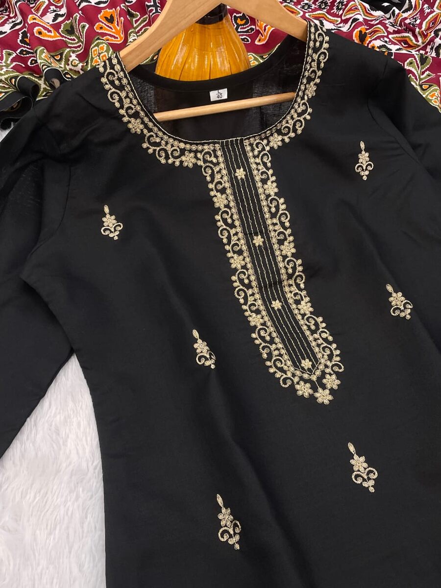 FANCY COTTON BLEND EMBROIDERY WORK TOP BOTTOM WITH DUPATTA BLACK