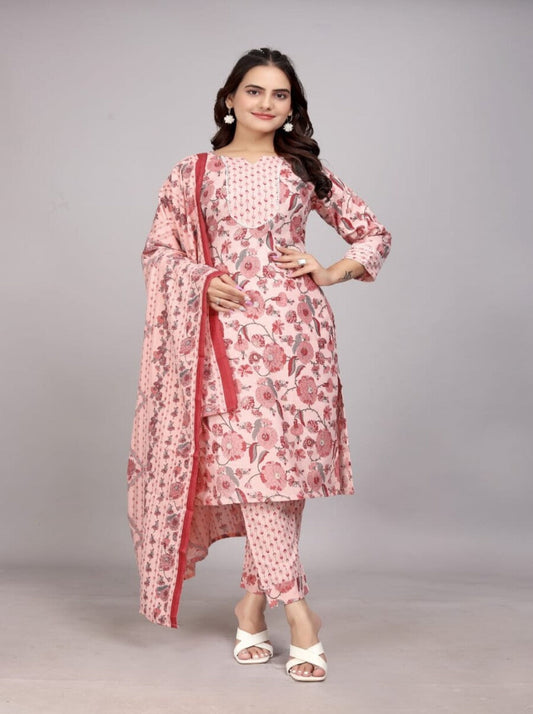 FANCY COTTON BLEND FOIL PRINTED TOP BOTTOM WITH DUPATTA PINK