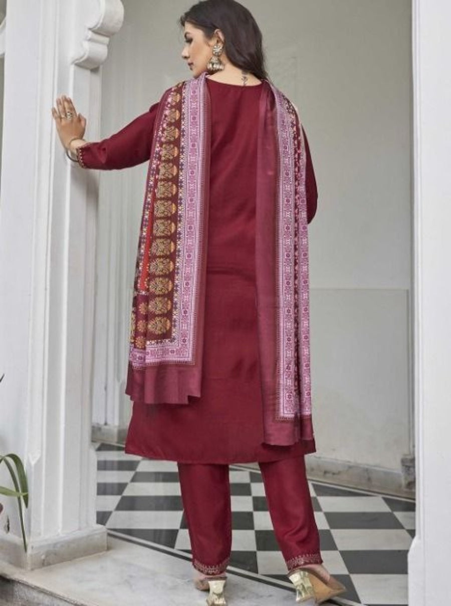 FANCY COTTON BLEND PRINTED EMBROIDERY WORK TOP BOTTOM WITH DUPATTA MAROON