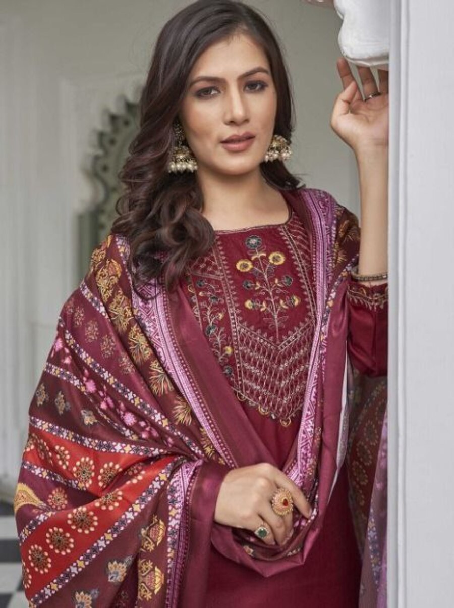 FANCY COTTON BLEND PRINTED EMBROIDERY WORK TOP BOTTOM WITH DUPATTA MAROON