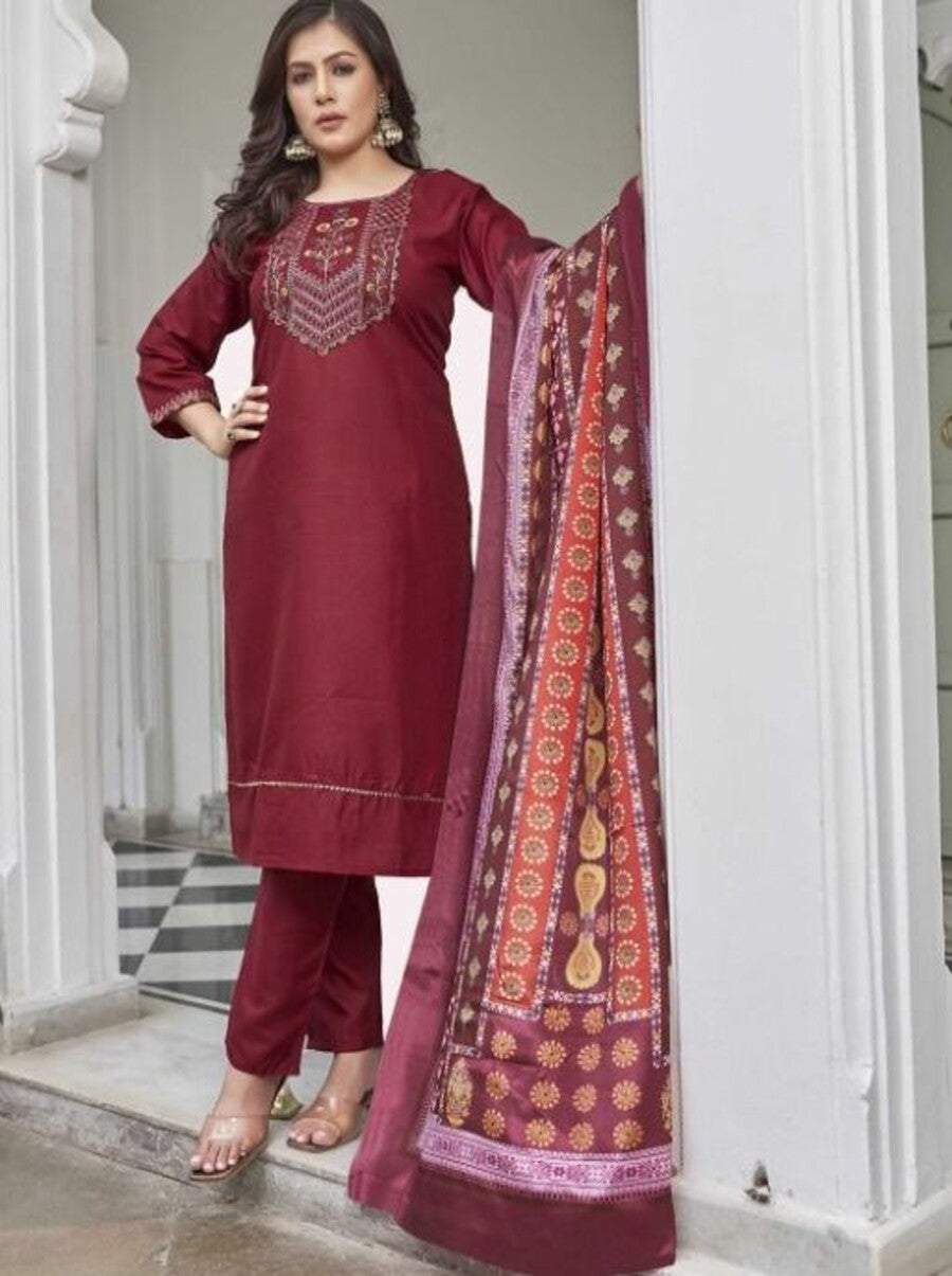 FANCY COTTON BLEND PRINTED EMBROIDERY WORK TOP BOTTOM WITH DUPATTA MAROON