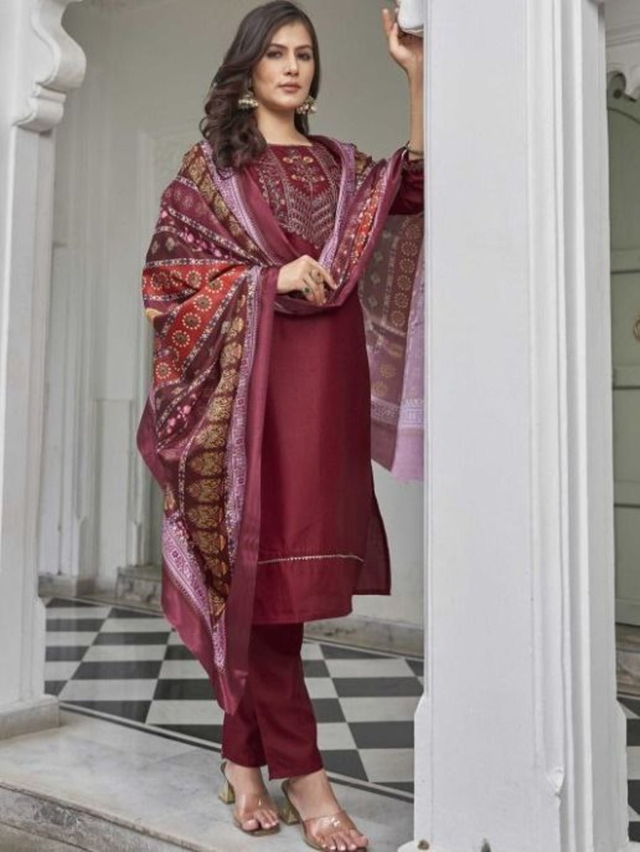 FANCY COTTON BLEND PRINTED EMBROIDERY WORK TOP BOTTOM WITH DUPATTA MAROON