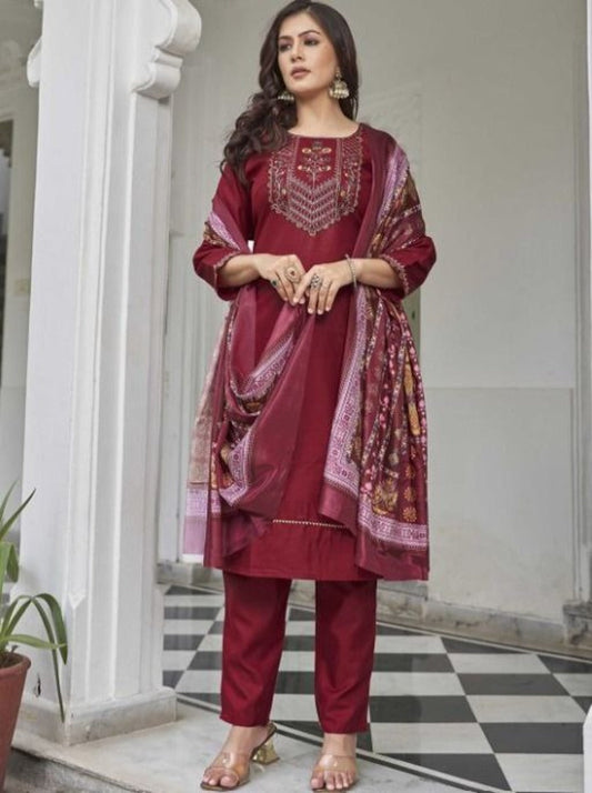 FANCY COTTON BLEND PRINTED EMBROIDERY WORK TOP BOTTOM WITH DUPATTA MAROON