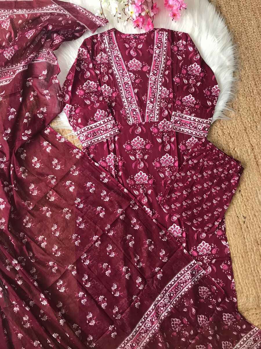 FANCY COTTON HAND WORK TOP PANT WITH DUPATTA MAROON