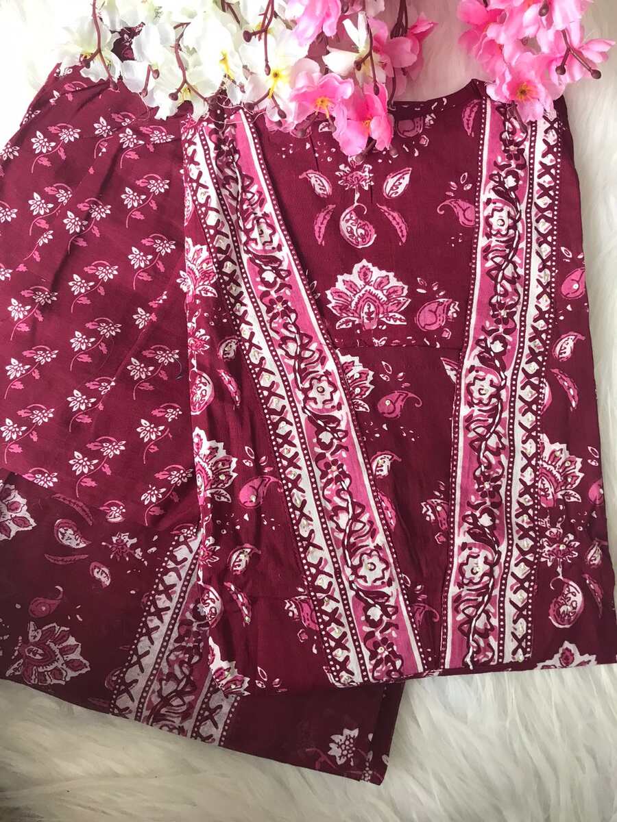 FANCY COTTON HAND WORK TOP PANT WITH DUPATTA MAROON