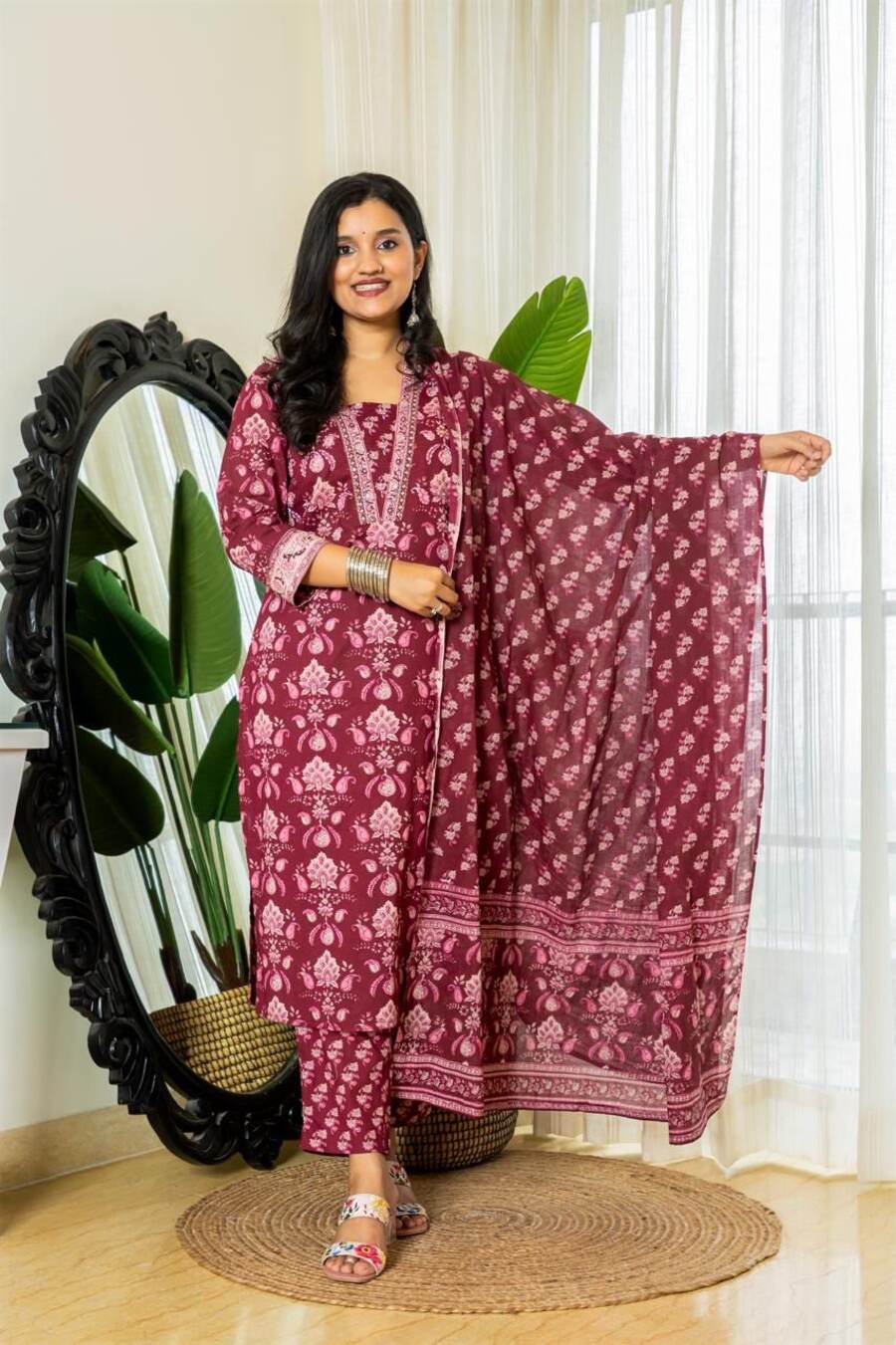 FANCY COTTON HAND WORK TOP PANT WITH DUPATTA MAROON