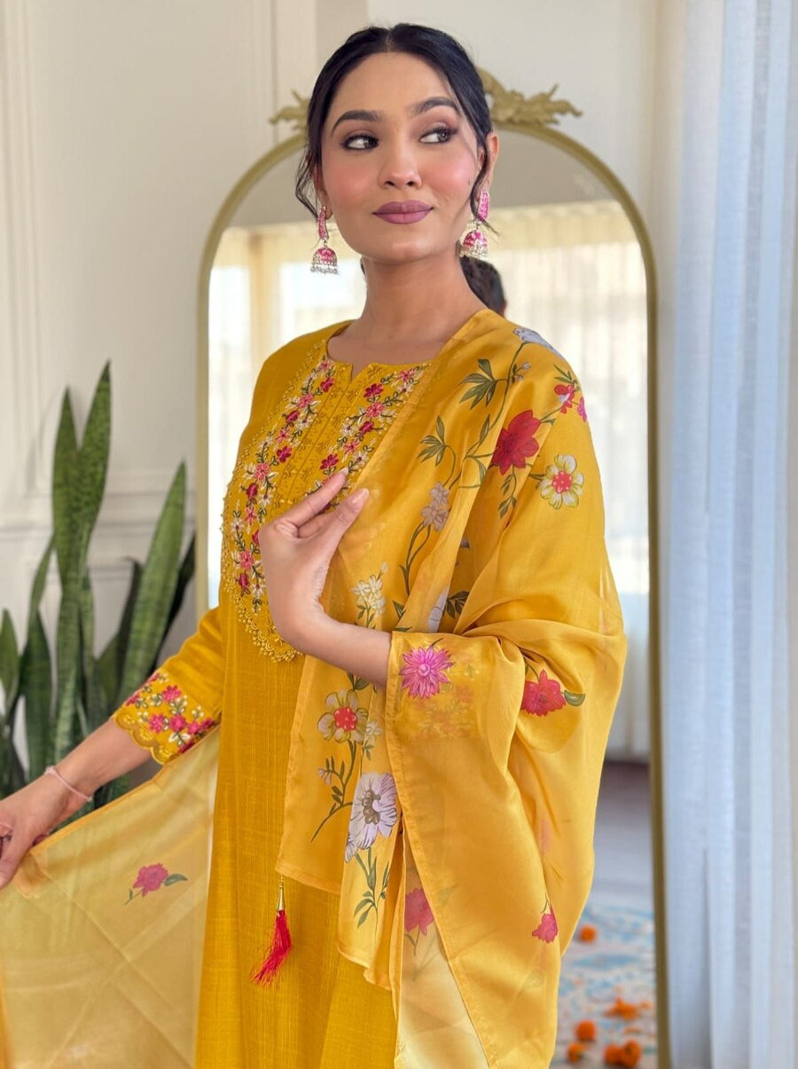 FANCY GADWAL SILK EMBROIDERY WORK TOP BOTTOM WITH DUPATTA YELLOW