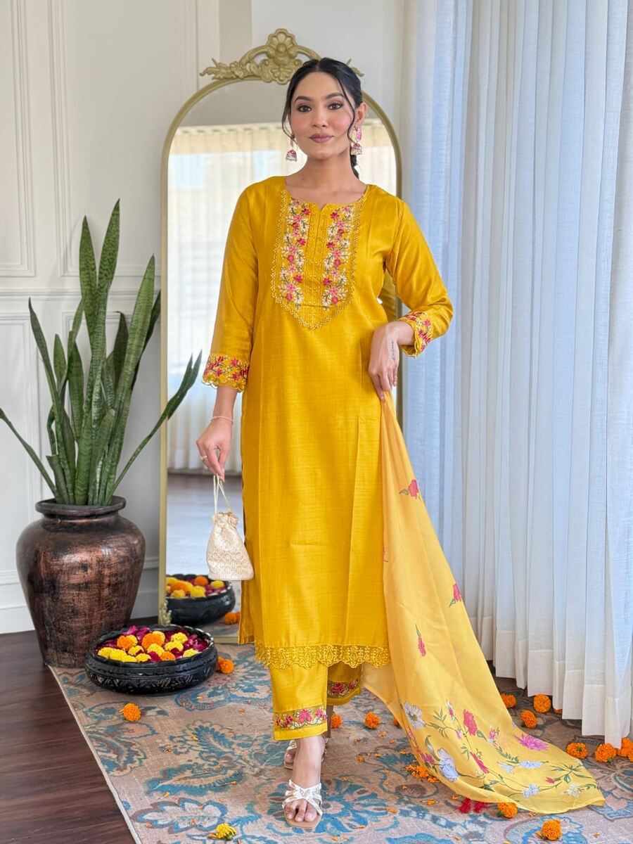 FANCY GADWAL SILK EMBROIDERY WORK TOP BOTTOM WITH DUPATTA YELLOW