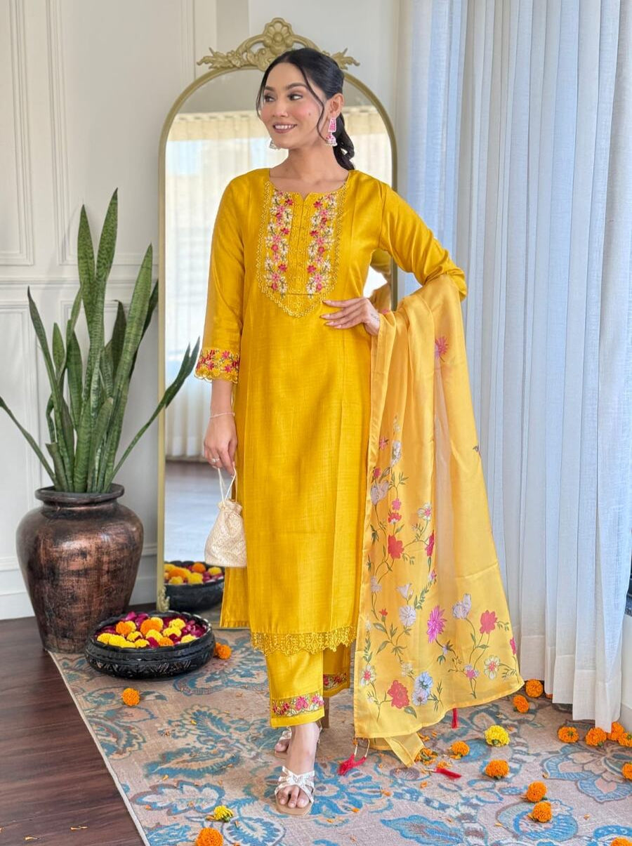 FANCY GADWAL SILK EMBROIDERY WORK TOP BOTTOM WITH DUPATTA YELLOW