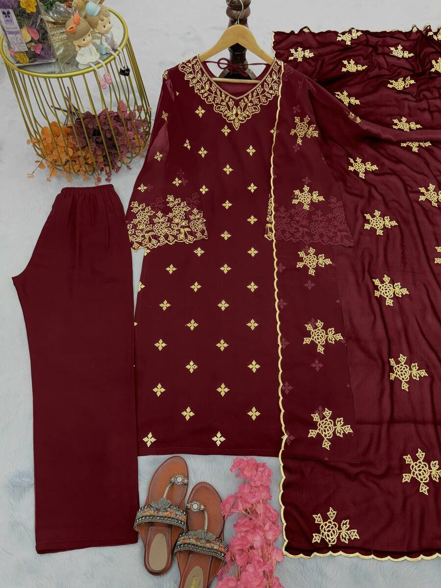 FANCY GEORGETTE EMBROIDERY SEQUENCE WORK TOP PANT WITH DUPATTA MAROON