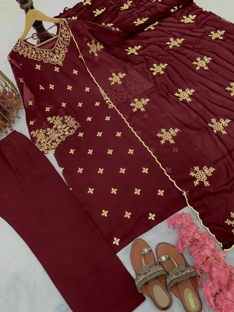 FANCY GEORGETTE EMBROIDERY SEQUENCE WORK TOP PANT WITH DUPATTA MAROON