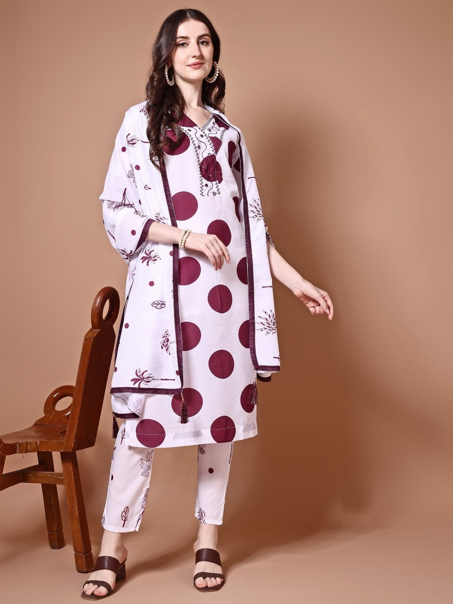 FANCY MUSLIN PRINTED WITH EMBRODRY SEQUENCE WORK TOP BOTTOM WITH DUPATTA WINE
