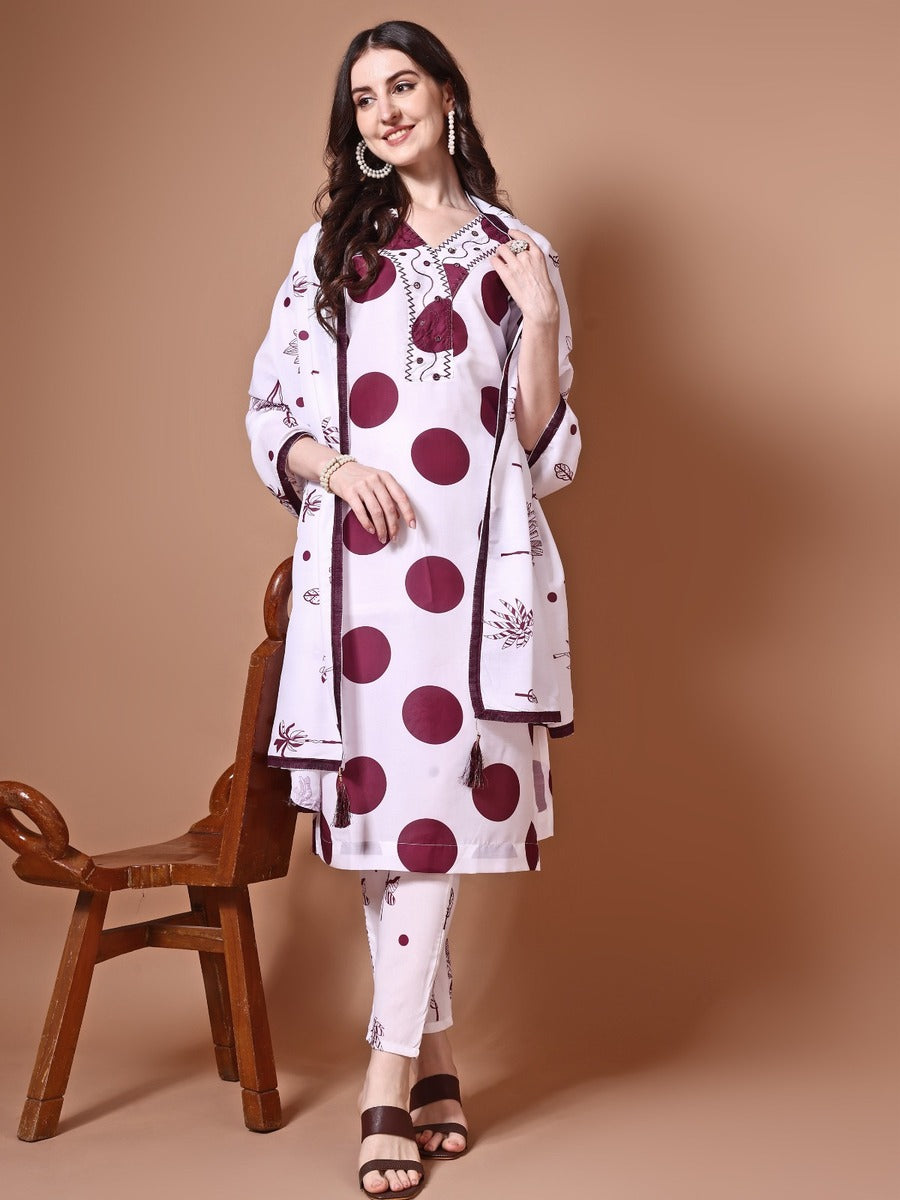 FANCY MUSLIN PRINTED WITH EMBRODRY SEQUENCE WORK TOP BOTTOM WITH DUPATTA WINE