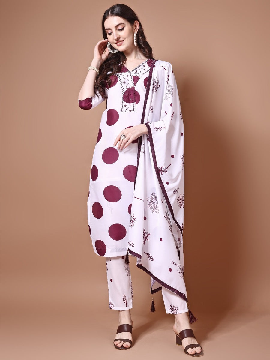 FANCY MUSLIN PRINTED WITH EMBRODRY SEQUENCE WORK TOP BOTTOM WITH DUPATTA WINE
