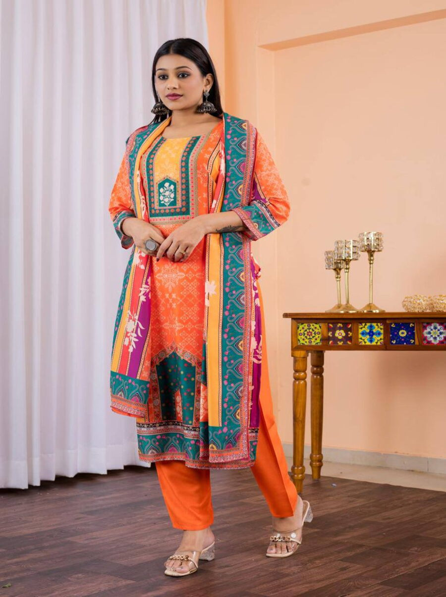 FANCY MUSLIN SILK DIGITAL PRINTED TOP BOTTOM WITH DUPATTA ORANGE