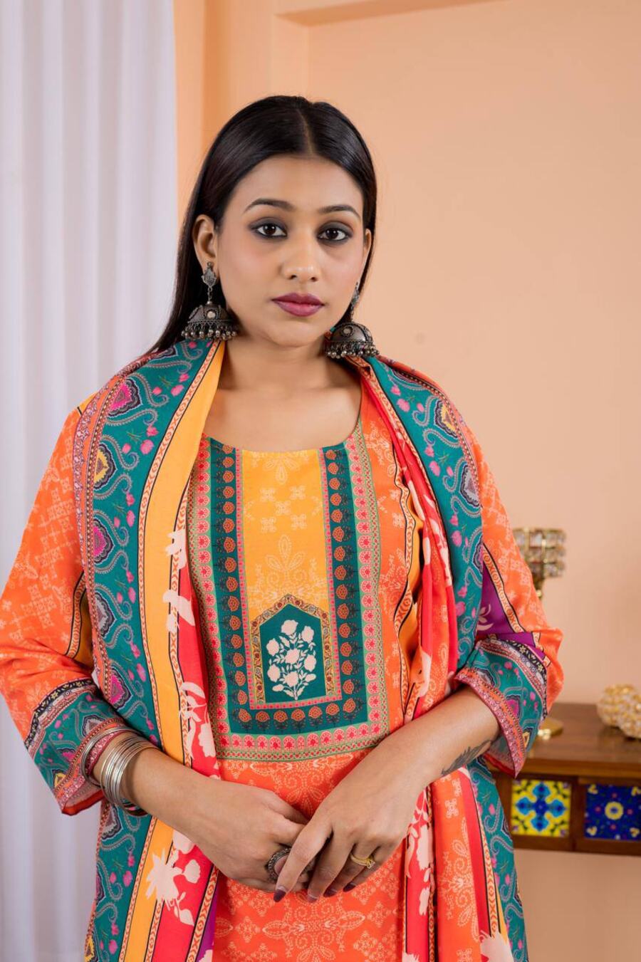 FANCY MUSLIN SILK DIGITAL PRINTED TOP BOTTOM WITH DUPATTA ORANGE