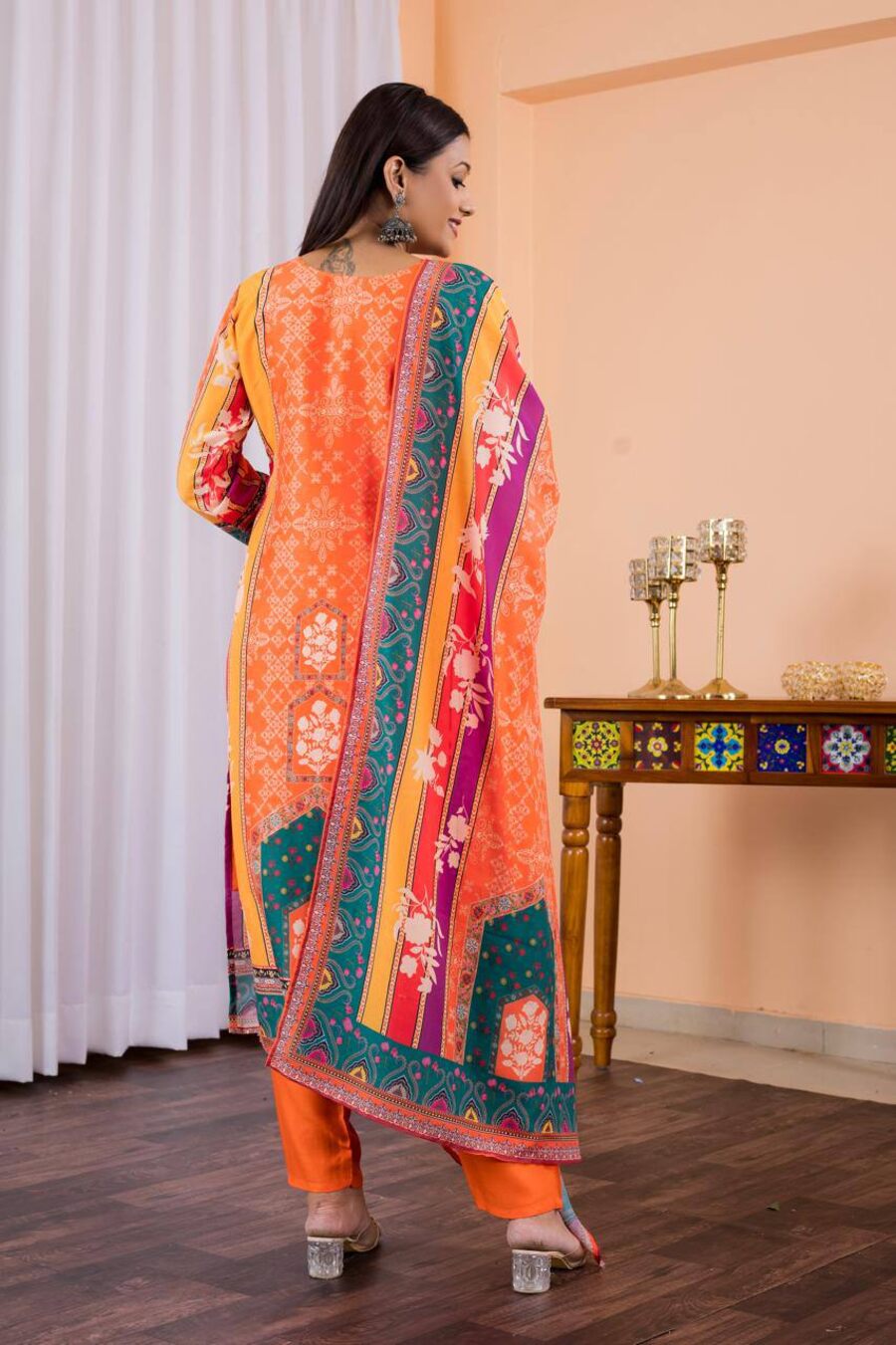 FANCY MUSLIN SILK DIGITAL PRINTED TOP BOTTOM WITH DUPATTA ORANGE