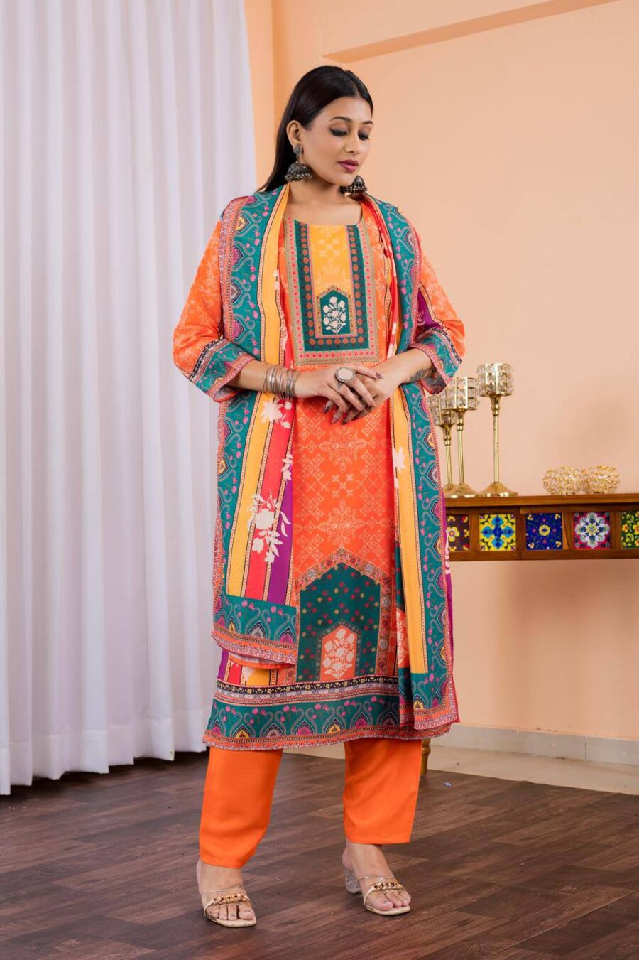 FANCY MUSLIN SILK DIGITAL PRINTED TOP BOTTOM WITH DUPATTA ORANGE