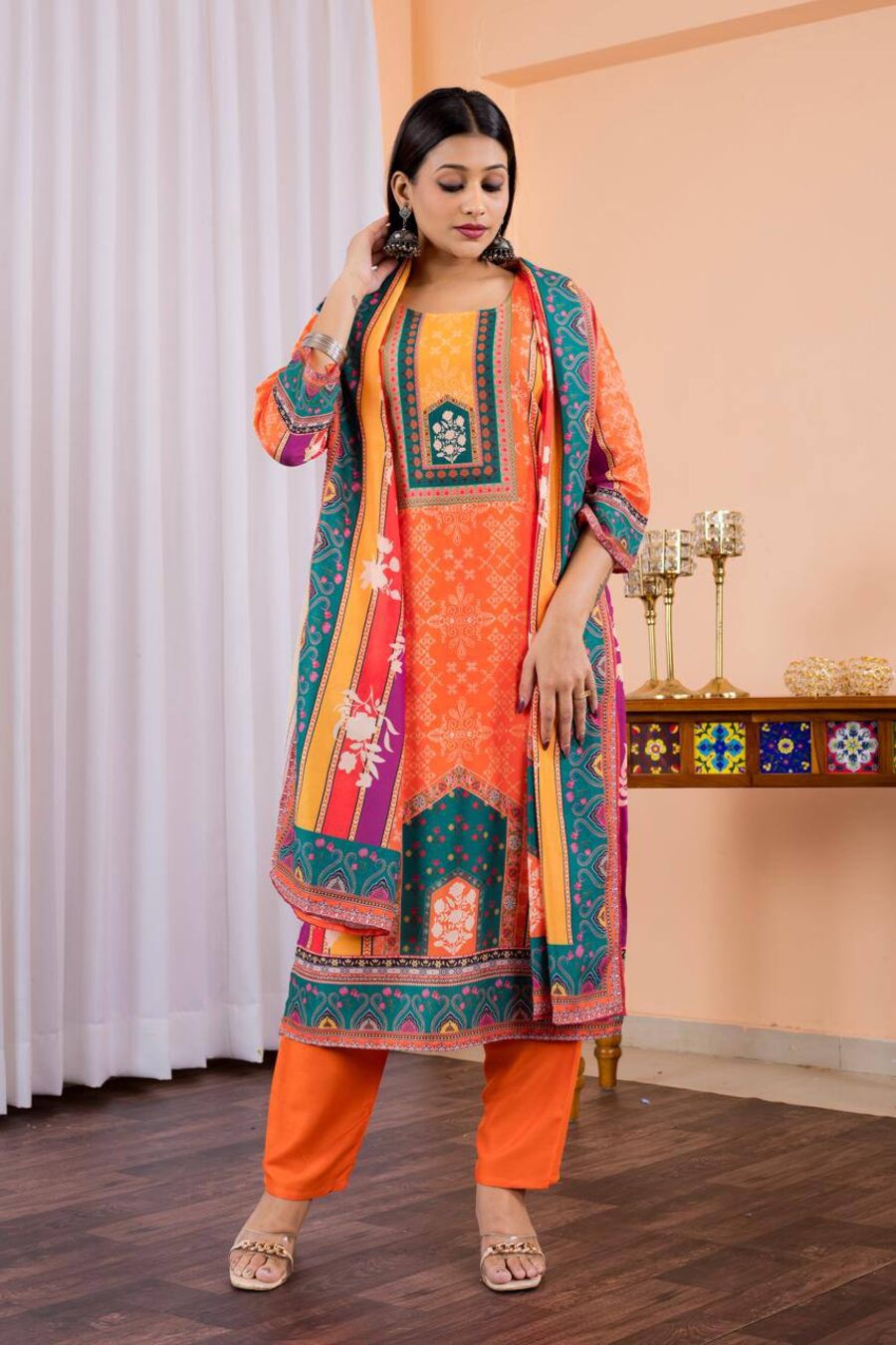 FANCY MUSLIN SILK DIGITAL PRINTED TOP BOTTOM WITH DUPATTA ORANGE