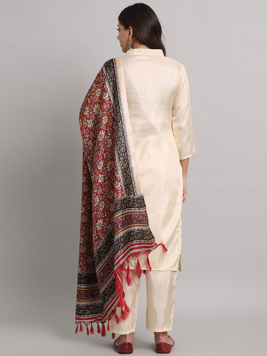 FANCY SOUTH SILK THREAD WORK TOP BOTTOM WITH DUPATTA OFF WHITE