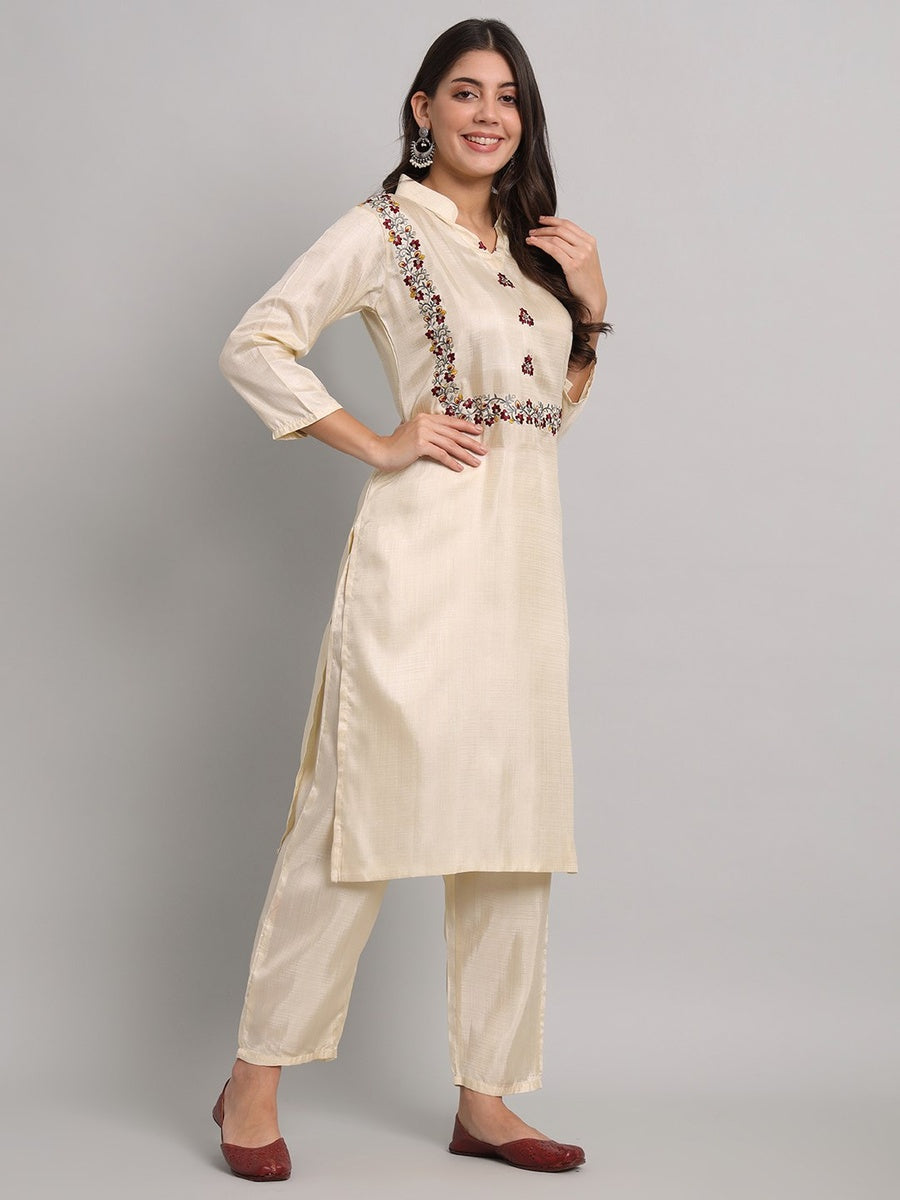 FANCY SOUTH SILK THREAD WORK TOP BOTTOM WITH DUPATTA OFF WHITE