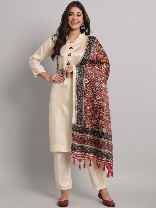 FANCY SOUTH SILK THREAD WORK TOP BOTTOM WITH DUPATTA OFF WHITE