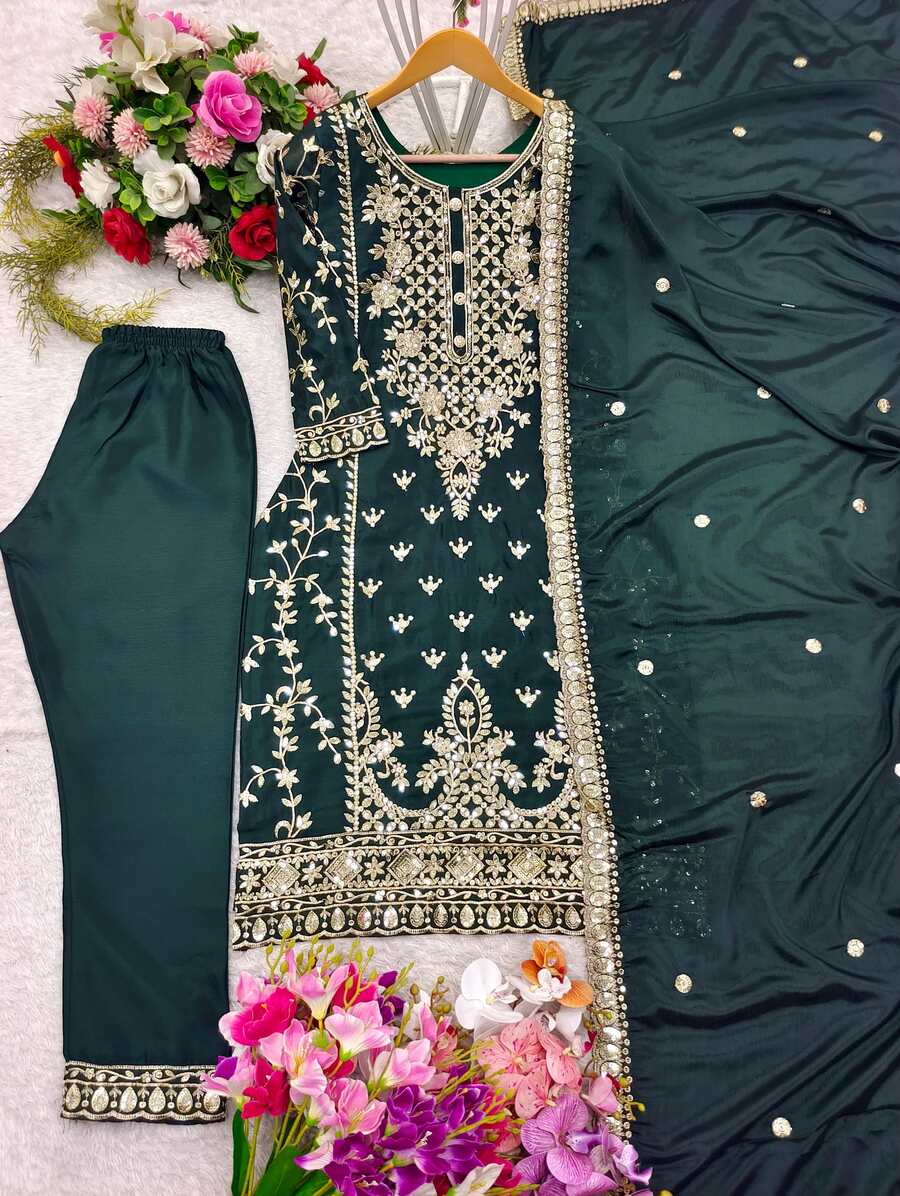 FASHIONABLE CHINON SILK EMBROIDERY SEQUENCE WORK TOP BOTTOM WITH DUPATTA GREEN