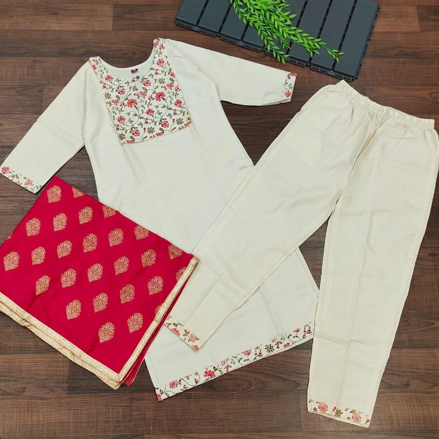 DESIGNER COTTON BLEND EMBROIDERY WORK TOP PANT WITH DUPATTA WHITE WHITE