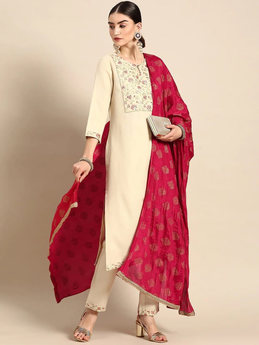 DESIGNER COTTON BLEND EMBROIDERY WORK TOP PANT WITH DUPATTA WHITE WHITE