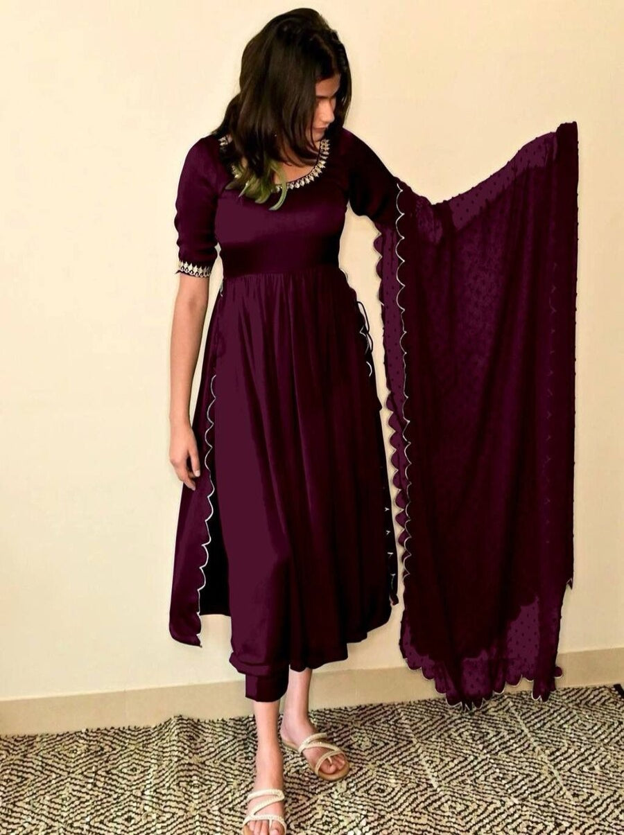 FASHIONABLE RAYON EMBROIDREY WORK TOP BOTTOM WITH DUPATTA WINE