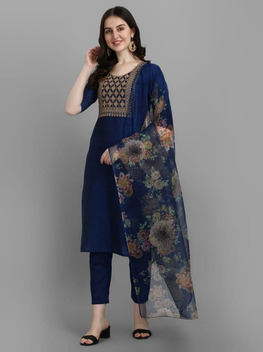 FORMAL WEAR SILK EMBROIDERY WORK TOP BOTTOM WITH DUPATTA BLUE