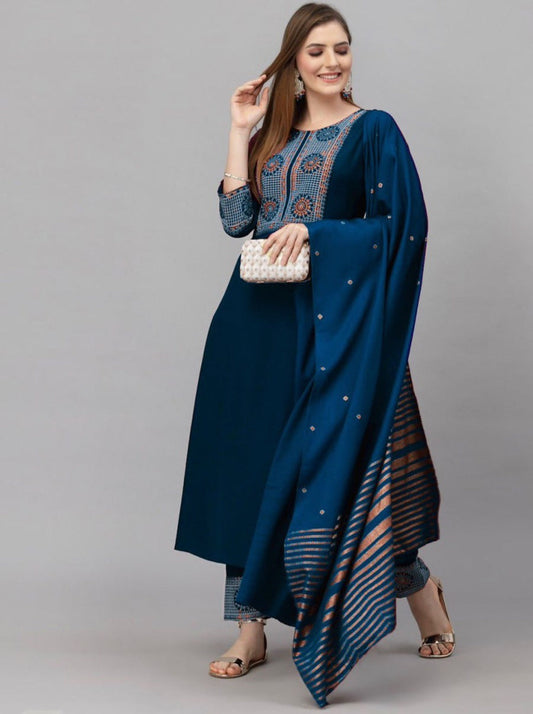 GORGEOUS HEAVY RAYON FOIL WORK TOP PANT WITH DUPATTA TEAL