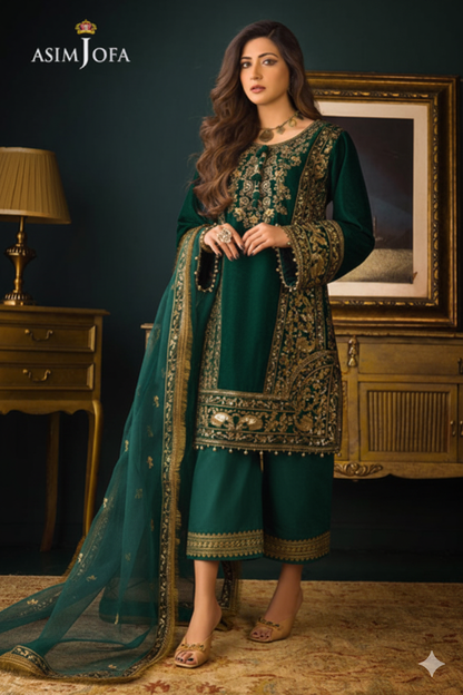 Asim Jofa Velvet Collection | Blue & Green Embroidered 3-Piece Suit | Master Replica