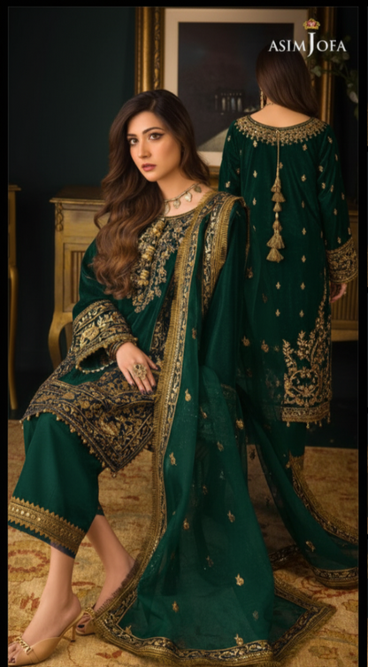 Asim Jofa Velvet Collection | Blue & Green Embroidered 3-Piece Suit | Master Replica